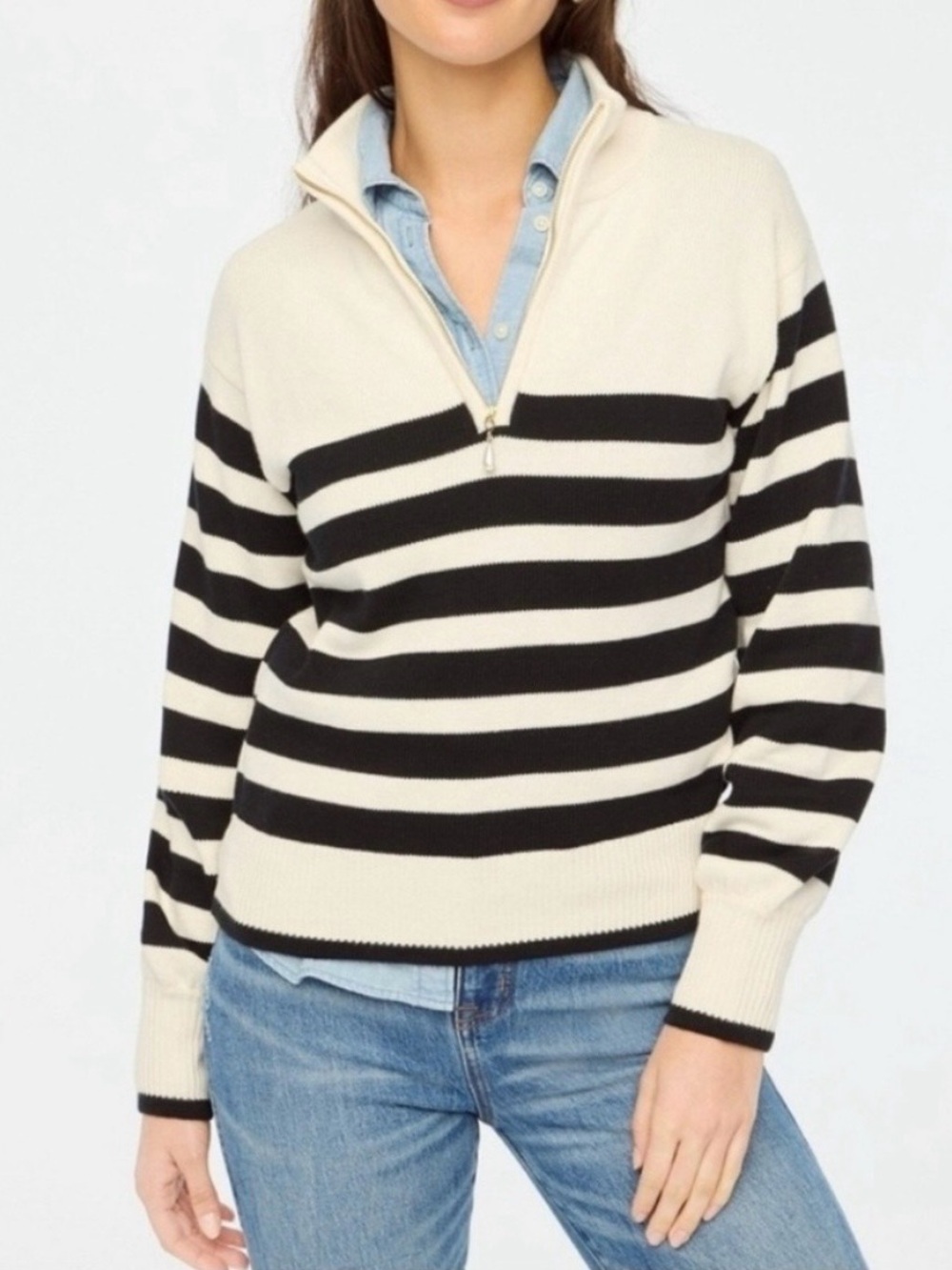J. Crew White Black 100% Cotton Striped 1/4 Zip Sweater Pearl Zipper Preppy L